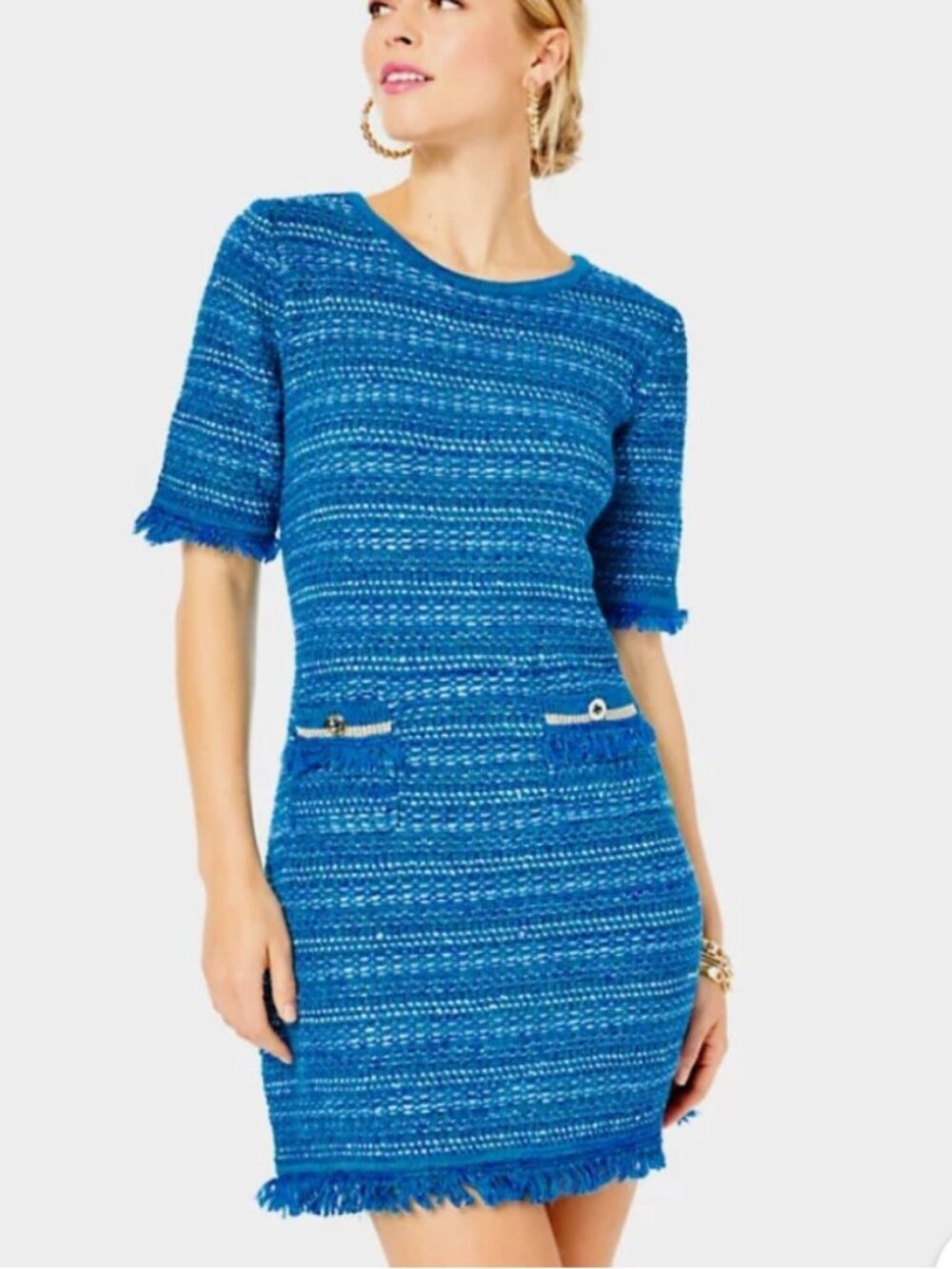 Lilly Pulitzer Beckington Sweater Dress Blue Grotto Metallic Tweed Size L